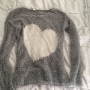 Fuzzy grey sweater with white heart